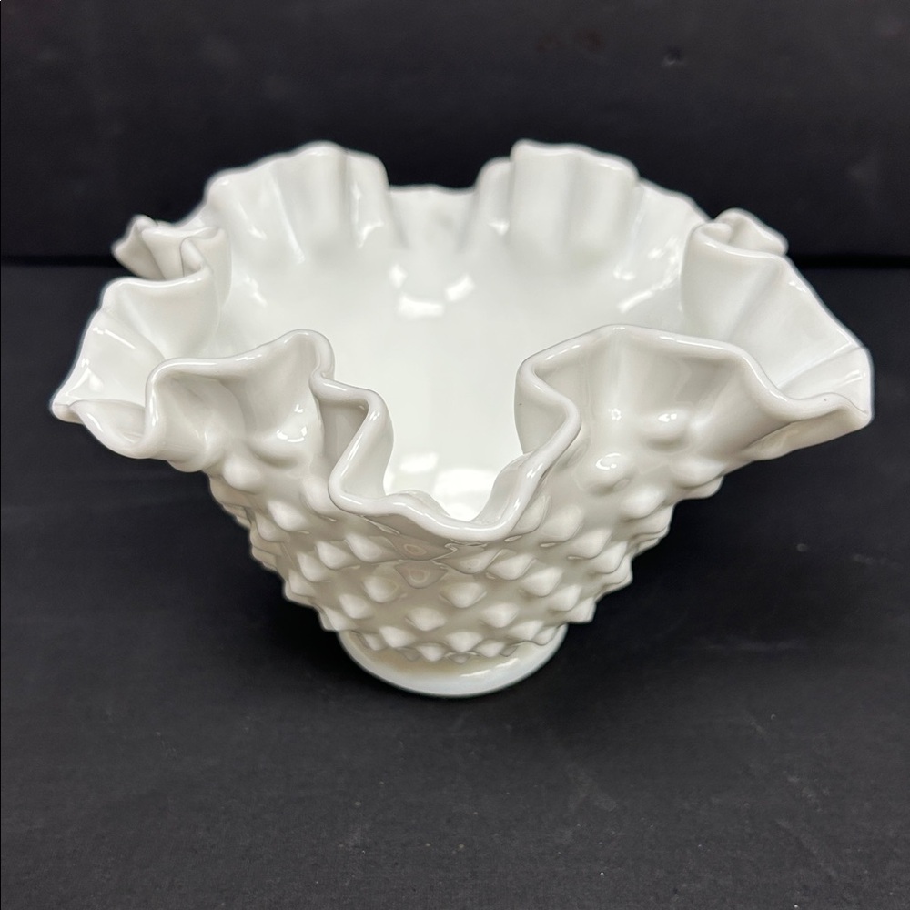 Vintage FENTON  white milk glass ruffled edge  hobnail vase/bowl catchall
